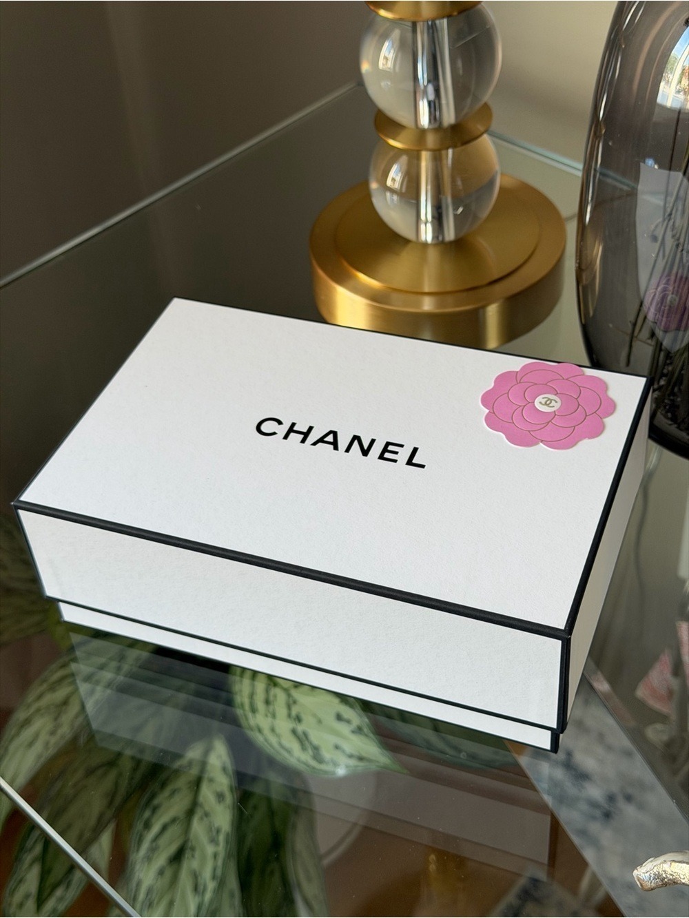 CHANEL White Box with Pink Camellia Detail